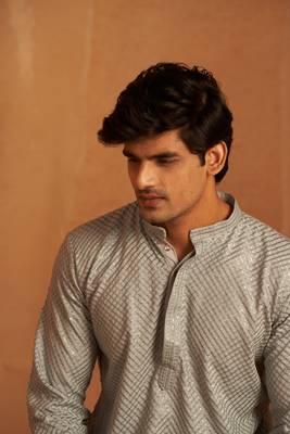 Grey glamorous viscosee fabric chikankari embroidery work men kurta payjama 3