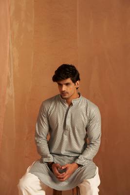 Grey glamorous viscosee fabric chikankari embroidery work men kurta payjama 4