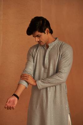 Grey glamorous viscosee fabric chikankari embroidery work men kurta payjama 5
