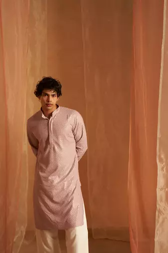 Lavender glamorous viscosee fabric chikankari embroidery work men kurta payjama
