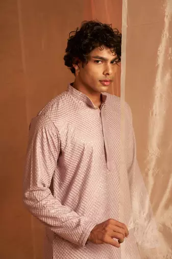 Lavender glamorous viscosee fabric chikankari embroidery work men kurta payjama