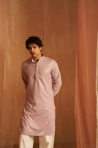 Lavender glamorous viscosee fabric chikankari embroidery work men kurta payjama