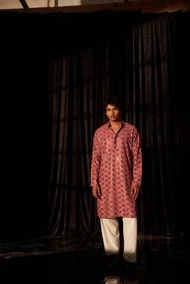 Pink glamorous viscose fabric chikankari embroidery work men kurta payjama 1
