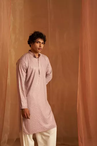 Lavender glamorous viscosee fabric chikankari embroidery work men kurta payjama