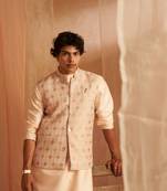 Peach festive and ceremonial wear men's ethnic designer printed jacket