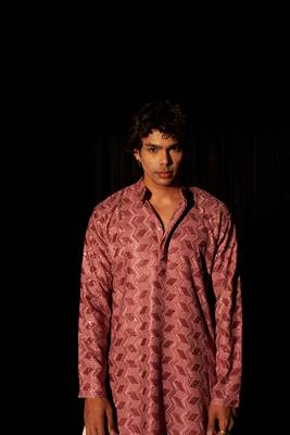 Pink glamorous viscose fabric chikankari embroidery work men kurta payjama 2