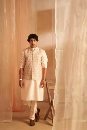 Peach festive and ceremonial wear men's ethnic printed jacket