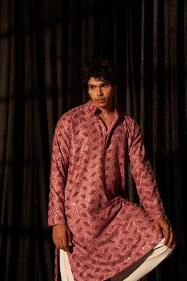 Pink glamorous viscose fabric chikankari embroidery work men kurta payjama 3