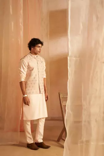 Peach festive and ceremonial wear men's ethnic printed jacket