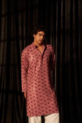 Pink glamorous viscose fabric chikankari embroidery work men kurta payjama 4