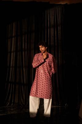 Pink glamorous viscose fabric chikankari embroidery work men kurta payjama 5