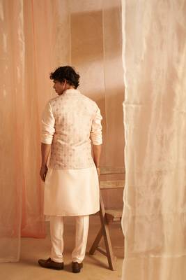 Peach ethnic indian wedding wear kurta payjama with nehru jacket for classy looks 2