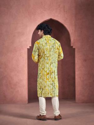 Yellow stylish men's kurta payjama for trendy ceremonial looks 2