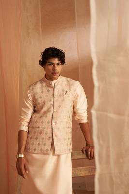 Peach ethnic indian wedding wear kurta payjama with nehru jacket for classy looks 3