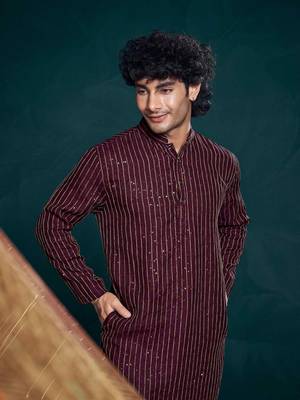 Wine beautiful sequins embroidery work partywear kurta payjama for men 3