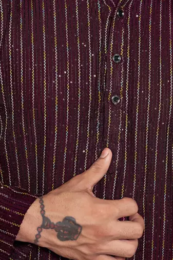 Wine beautiful sequins embroidery work partywear kurta payjama for men