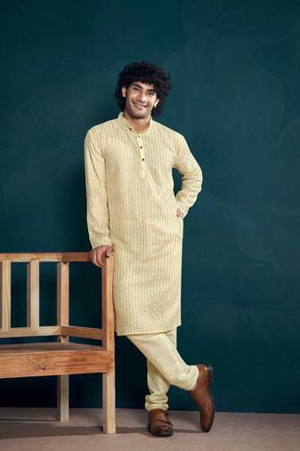 Off white beautiful sequins embroidery work partywear kurta payjama for men