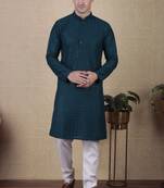 Teal beautiful sequins embroidery work bollywood style festive kurta payjama set