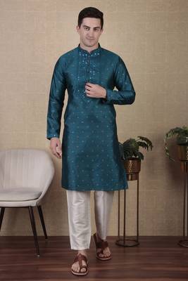 Teal jacquard silk style stunning kurta payjama for men 1