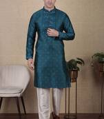 Teal jacquard silk style stunning kurta payjama for men