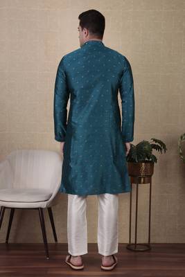 Teal jacquard silk style stunning kurta payjama for men 2