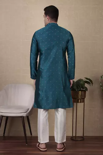 Teal jacquard silk style stunning kurta payjama for men