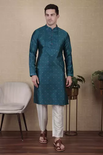 Teal jacquard silk style stunning kurta payjama for men