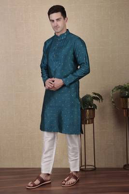 Teal jacquard silk style stunning kurta payjama for men 4