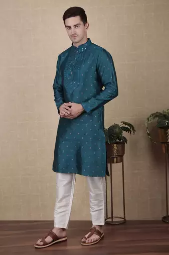 Teal jacquard silk style stunning kurta payjama for men