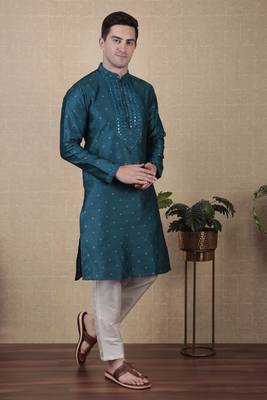 Teal jacquard silk style stunning kurta payjama for men 5