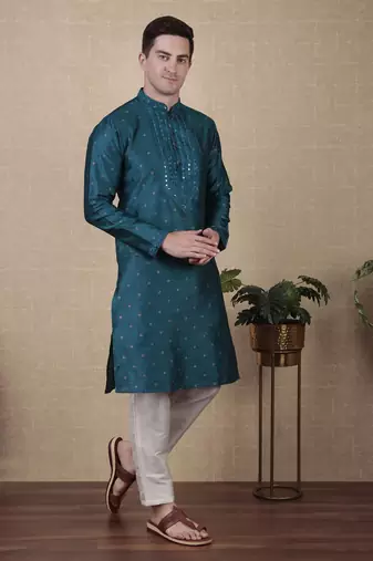 Teal jacquard silk style stunning kurta payjama for men