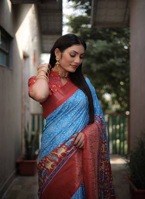 Sky Blue Digital Print Dola Silk Saree 1