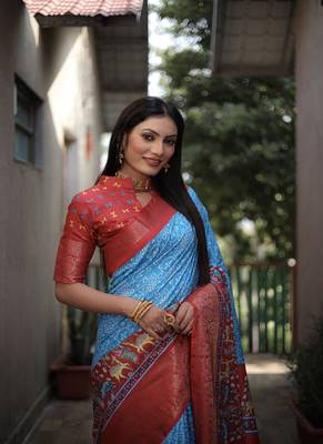 Sky Blue Digital Print Dola Silk Saree 2