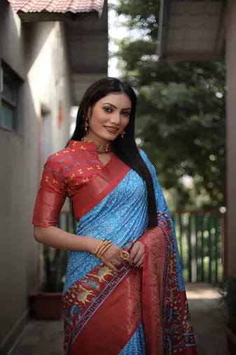Sky Blue Digital Print Dola Silk Saree