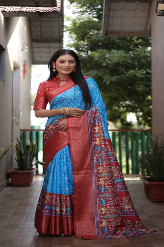 Sky Blue Digital Print Dola Silk Saree