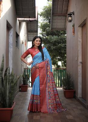 Sky Blue Digital Print Dola Silk Saree 4