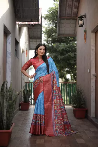 Sky Blue Digital Print Dola Silk Saree