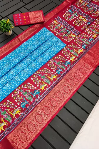 Sky Blue Digital Print Dola Silk Saree