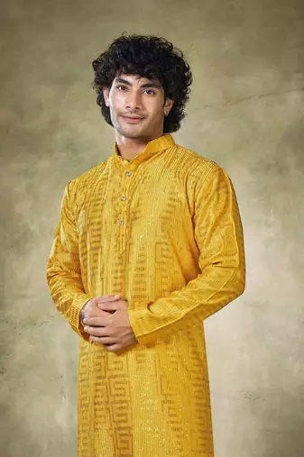 Yellow viscosee fabric sequins work stunning evening wedding looks kurta payjama