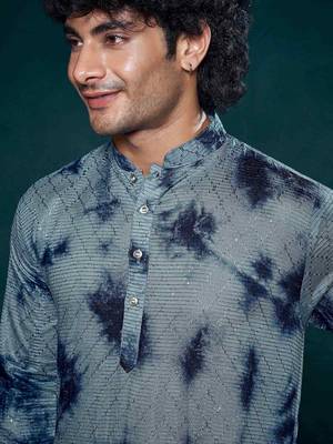 Blue beautiful sequins embroidery work partywear kurta payjama for men 3