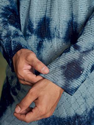 Blue beautiful sequins embroidery work partywear kurta payjama for men 4