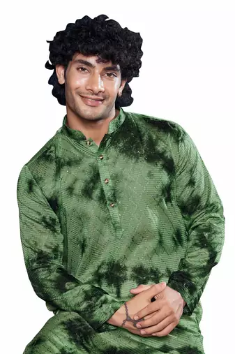 Green beautiful sequins embroidery work partywear kurta payjama for men
