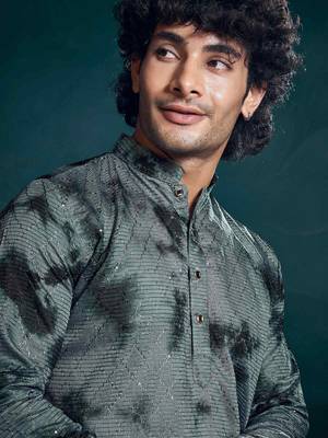 Grey beautiful sequins embroidery work partywear kurta payjama for men 3