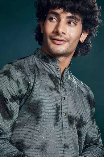 Grey beautiful sequins embroidery work partywear kurta payjama for men