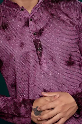 Purple beautiful sequins embroidery work partywear kurta payjama for men