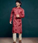Maroon beautiful sequins embroidery work partywear kurta payjama for men