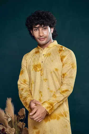 Yellow beautiful sequins embroidery work partywear kurta payjama for men