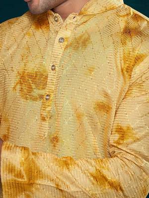 Yellow beautiful sequins embroidery work partywear kurta payjama for men 4