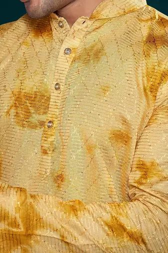 Yellow beautiful sequins embroidery work partywear kurta payjama for men