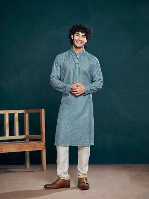 Blue beautiful sequins embroidery work partywear kurta payjama for men 1